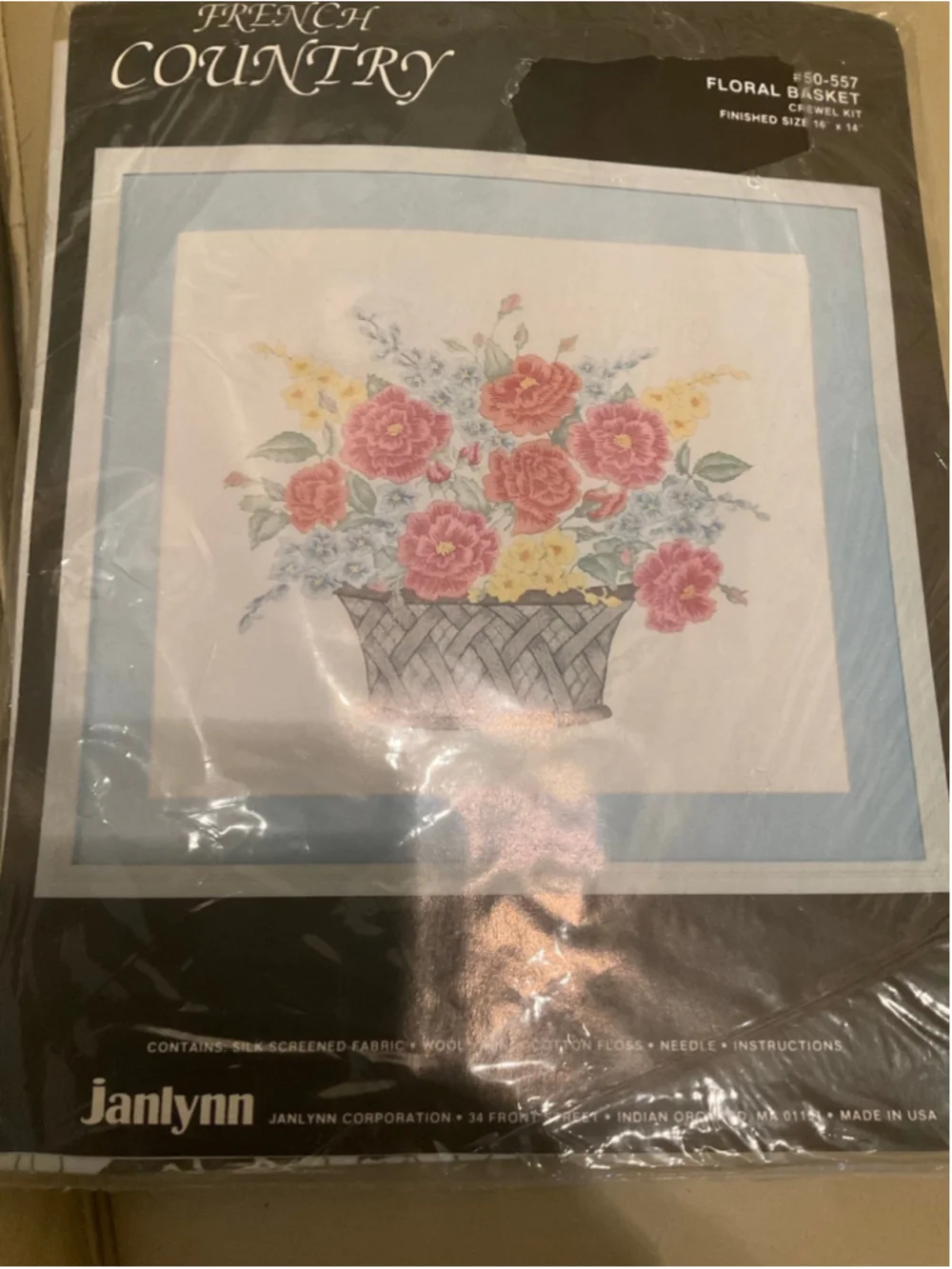 Vintage New Janlynn French Country Floral Basket Crewel Embroidery Kit